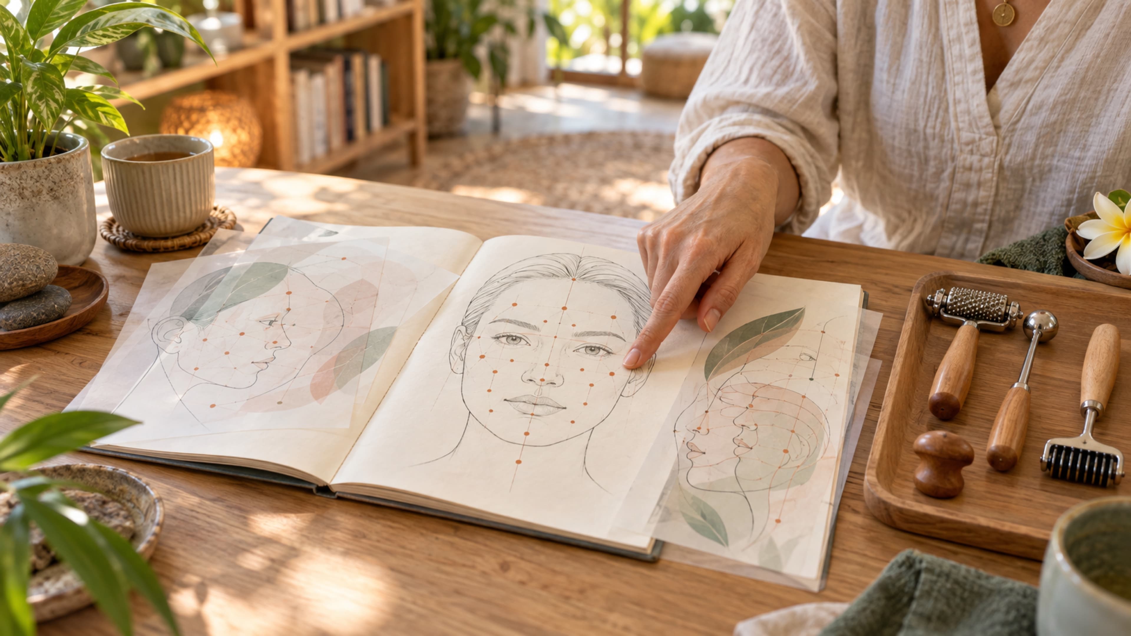 Carnet de schémas faciaux et outils de Dien Chan sur une table en bois clair