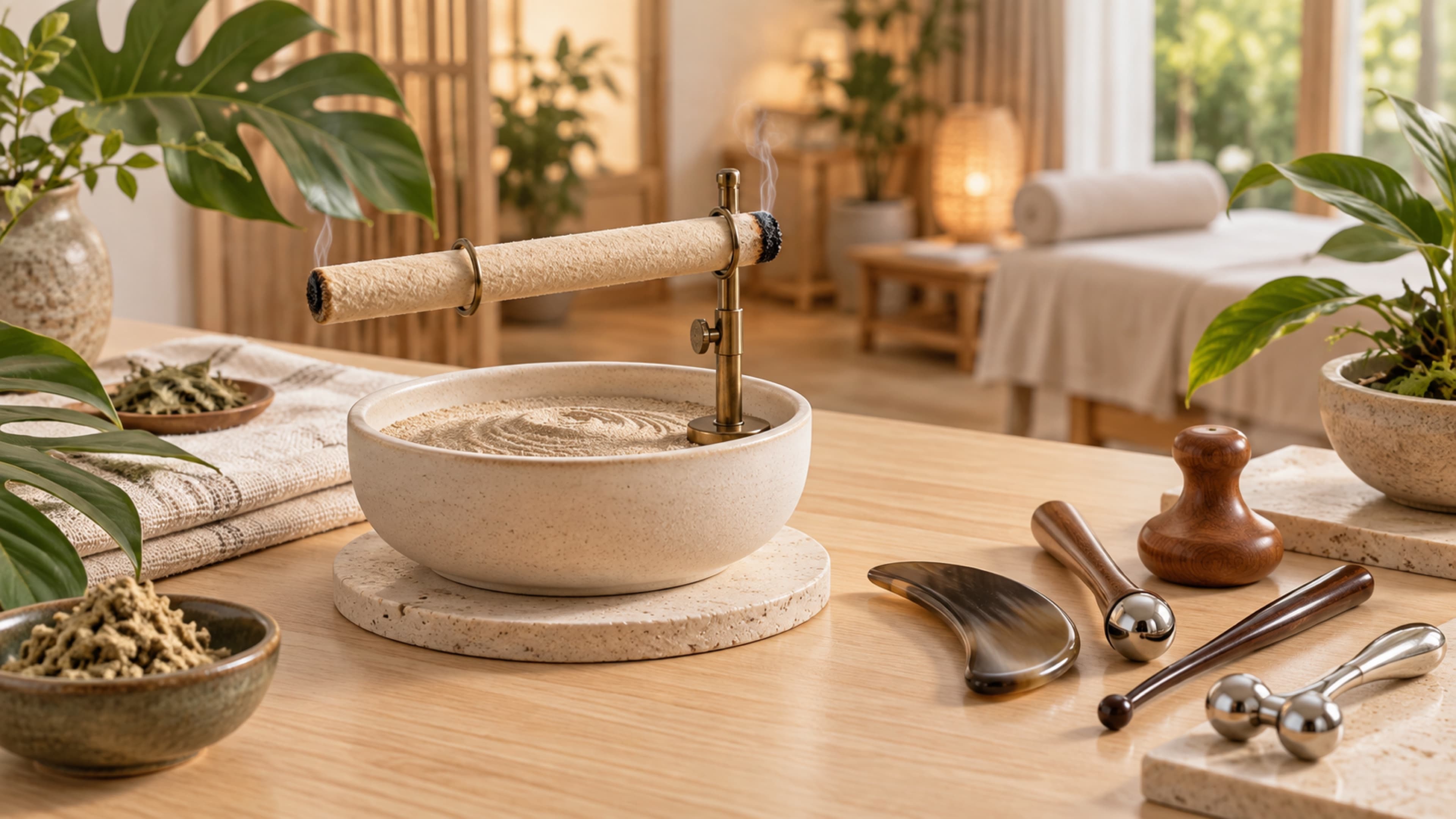 Moxibustion indirecte et outils de Dien Chan préparés pour un soin de confort